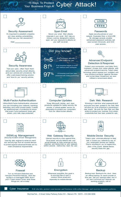 Learn 15 Ways to Protect Your Business From Cyber Security Attacks | SkyViewTek